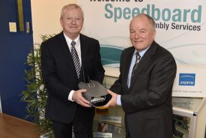Kevin Chevis (left), CEO of JENOPTIK Traffic Solutions UK, takes delivery of the company’s 2,000th VECTOR camera unit from Richard Watson, a Director and co-owner of contract electronics manufacturer Speedboard Assembly Services.